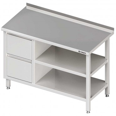 Stół przyścienny z blokiem dwóch szuflad (L),i 2-ma półkami 1500x600x850 mm