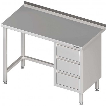 Stół przyścienny z blokiem trzech szuflad (P),bez półki 1600x600x850 mm