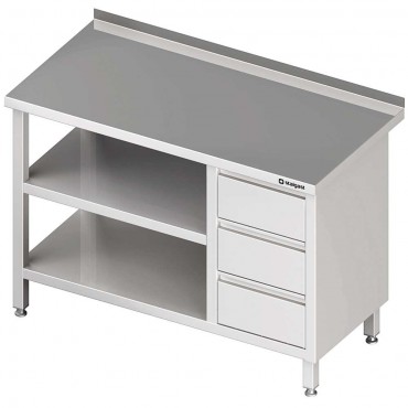 Stół przyścienny z blokiem trzech szuflad (P),i 2-ma półkami 1600x600x850 mm
