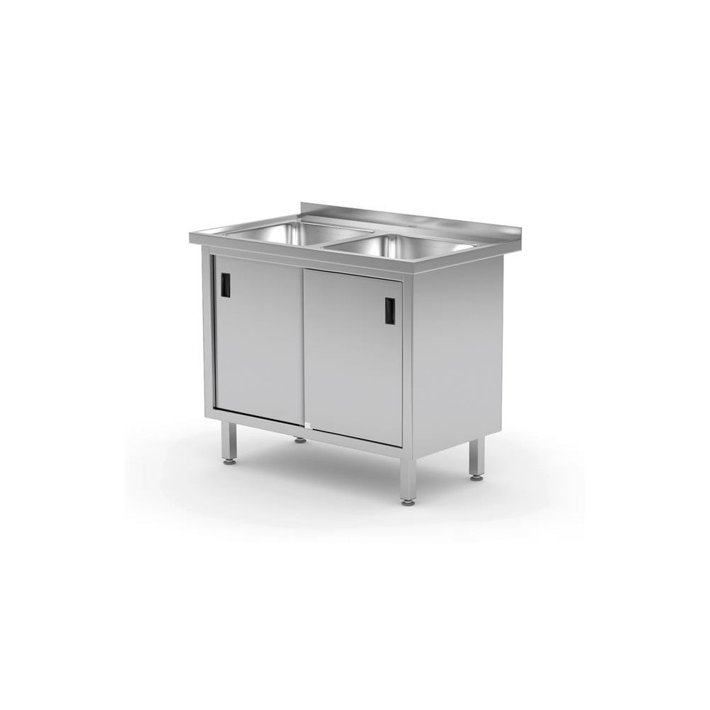 Stół z dwoma zlewami - spawany, z szafką, z drzwiami suwanymi, 1000x600x850 mm