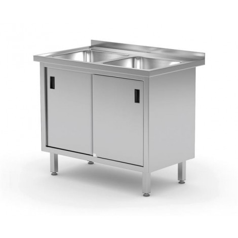 Stół z dwoma zlewami - spawany, z szafką, z drzwiami suwanymi, 1000x600x850 mm