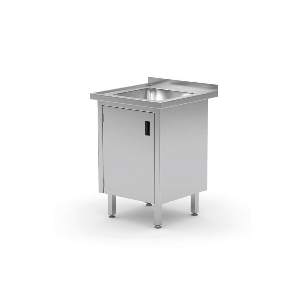 Stół ze zlewem - spawany, z szafką, z drzwiami na zawiasach, 600x700x850 mm