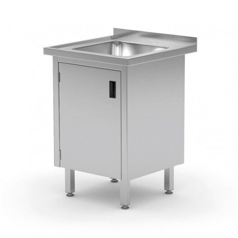 Stół ze zlewem - spawany, z szafką, z drzwiami na zawiasach, 600x700x850 mm