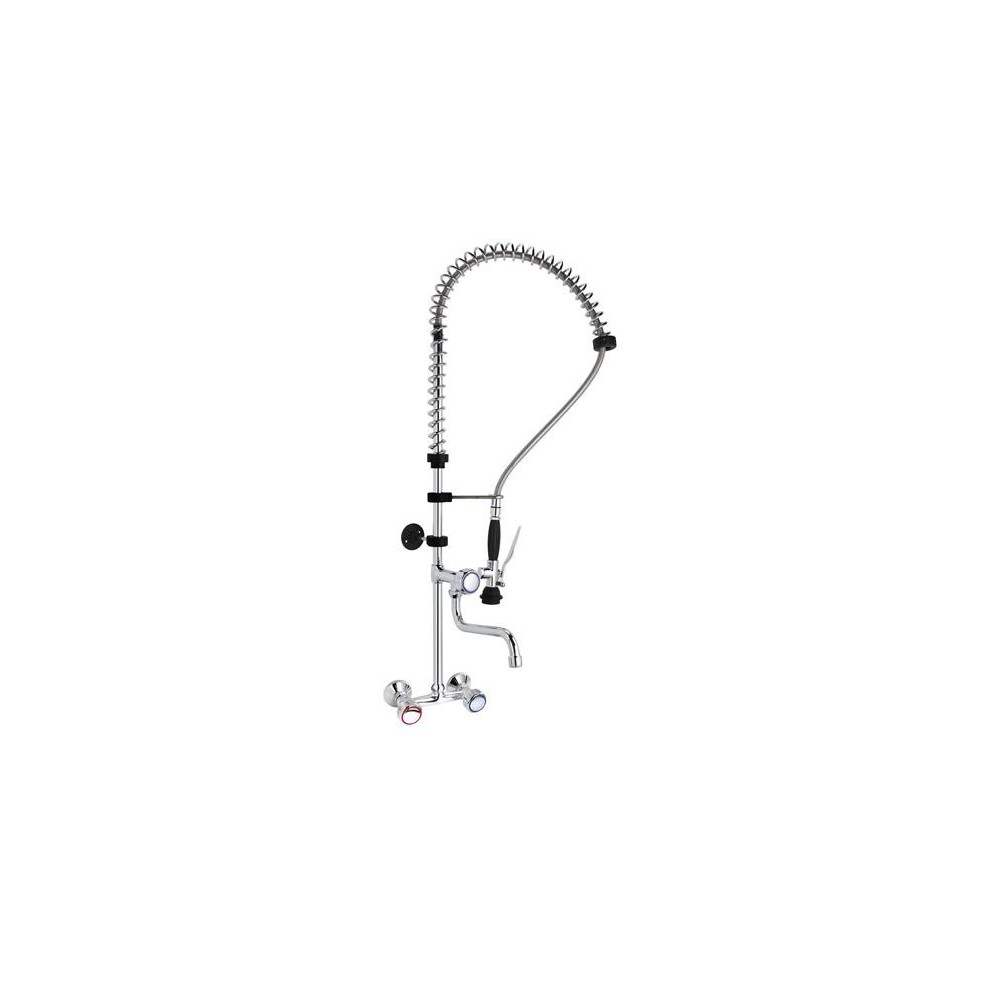 TWO HOLES PRE-RINSE UNIT WALL MOUNTED WITH SWINGING SPOUT IN THE MIDDLE OF METAL TUBE, ROUND HAND...
