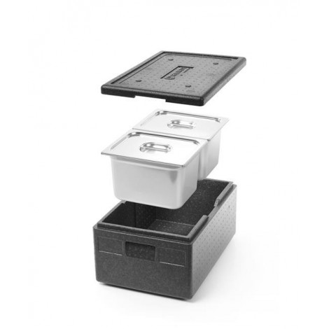 Zestaw pojemnik termoizolacyjny z piocelanu GN1/1 222 mm z 2 pojemnikami GN1/2 200 mm i 2 pokrywkami z uszczelką silikonową