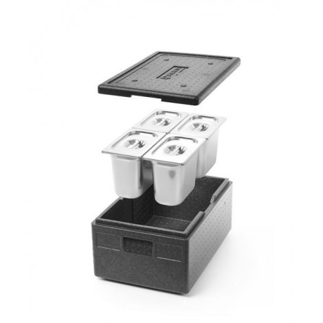 Zestaw pojemnik termoizolacyjny z piocelanu GN1/1 222 mm z 4 pojemnikami GN1/4 200 mm i 4 pokrywkami z uszczelką silikonową