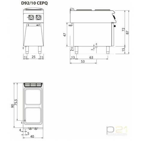 Kuchnia elektryczna 2-palnikowa, na podstawie, 8 kW, kwadratowe palniki, Diamante 90, Olis