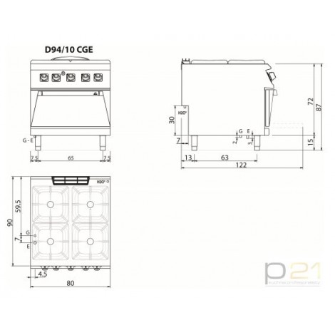 Kuchnia gazowa 4-palnikowa z elektrycznym piekarnikiem, 21,7 + 6 kW, Diamante 90, Olis