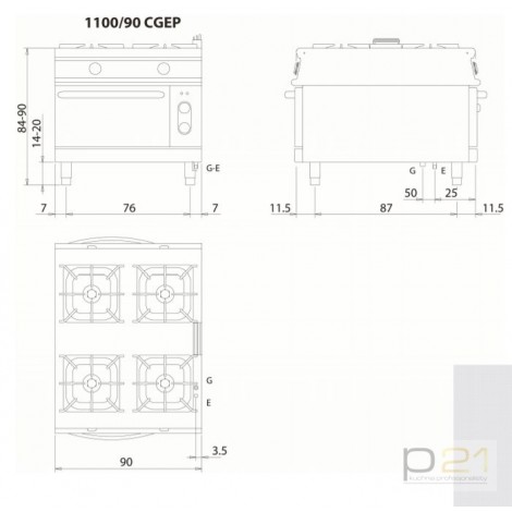 Kuchnia gazowa 4-palnikowa z piekarnikiem elektrycznym, 40 + 9 kW, Linia 1100, Olis