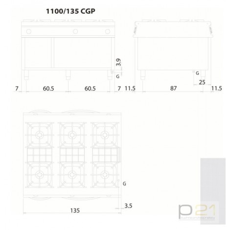 Kuchnia gazowa 6-palnikowa, na podstawie, 60 kW, Linia 1100, Olis