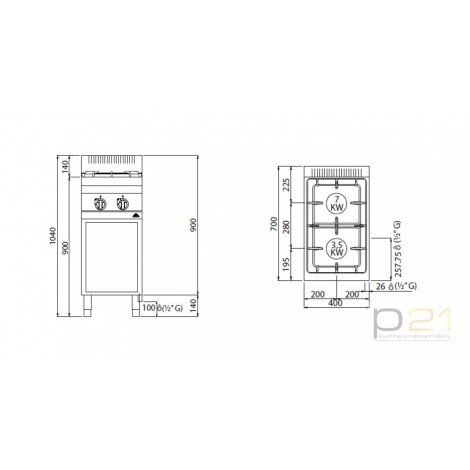 Kuchnia HIGH POWER, gazowa, 2-palnikowa na podstawie  10,5 kW,G7F2M, Berto's