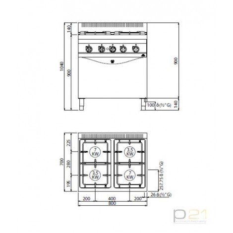 Kuchnia HIGH POWER, gazowa, 4-palnikowa z piekarnikiem GN2/1  21 kW + 7,8 kW,G7F4+FG, Berto's