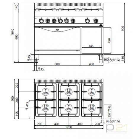 Kuchnia HIGH POWER, gazowa, 6-palnikowa z piekarnikiem elektrycznym GN2/1  31,5 kW + 7,5 kW/400V, G7F6+FE, Berto's