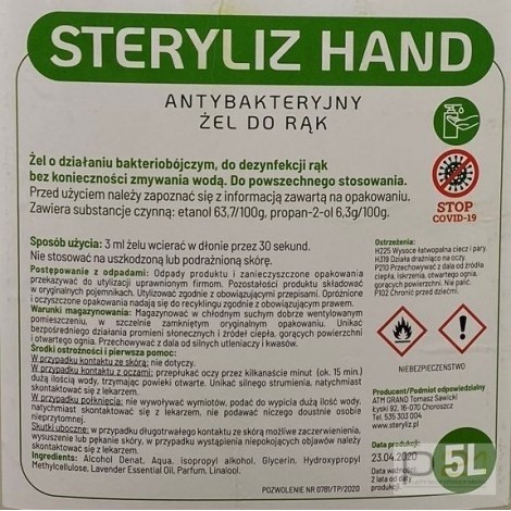 Żel do dezynfekcji rąk, Steryliz Hand 5 l