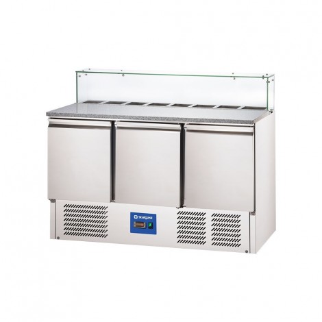stół chłodniczy 3 drzwiowy do pizzy z nadstawką szklaną, V 402 l