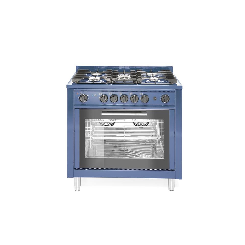 Kuchnia gazowa 5-palnikowa z konwekcyjnym piekarnikiem elektrycznym i z grillem, niebieska